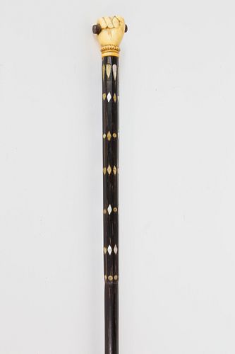 Whaleman Made Inlaid Tropical Wood and Whale Ivory Grip Walking Stick, circa 1850