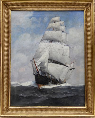 T. Bailey Oil on Canvas "Portside View of a Square-Rigged Ship"