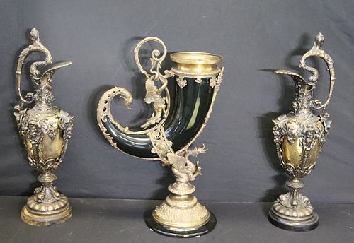 Pair Of Gilt And Patinated Metal Ewers Together