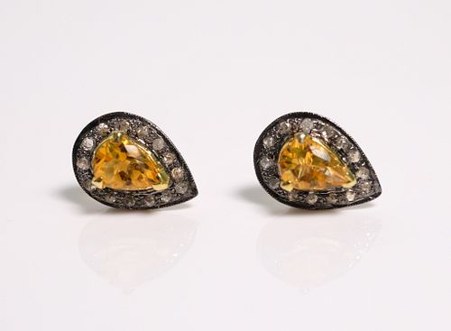 Pair, Sterling & Citrine w/Diamond Earrings