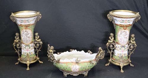 3 Piece Bronze Mounted Porcelain Garniture Set.