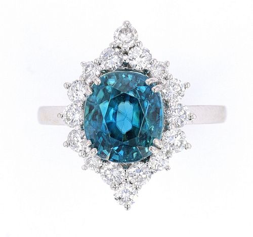 RARE Blue Zircon & VS2 Diamond Platinum Ring