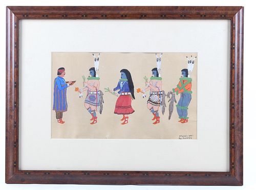 Ray Sanders Pueblo Dancers Framed Gouache Painting