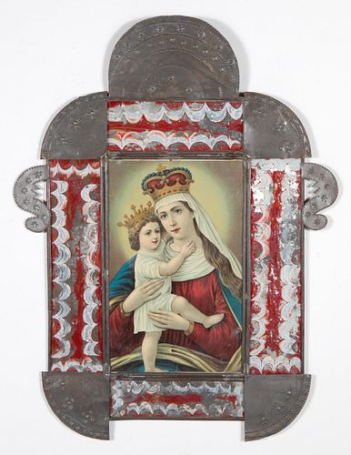 Tin Frame with Reverse Painted Glass and Devotional Print, ca. 1900