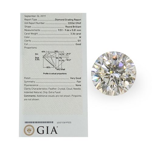 GIA Round Brilliant 3.36 Carat Diamond