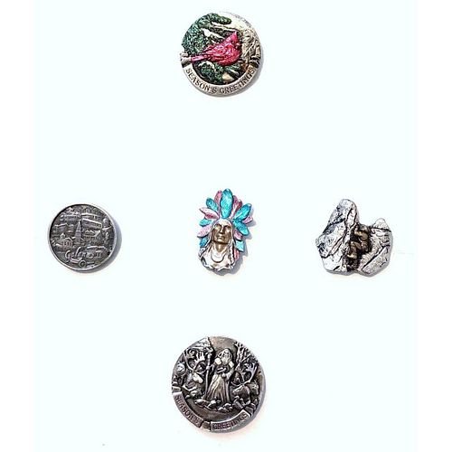 FIVE FACE SHANKED BATTERSEA PEWTER BUTTONS