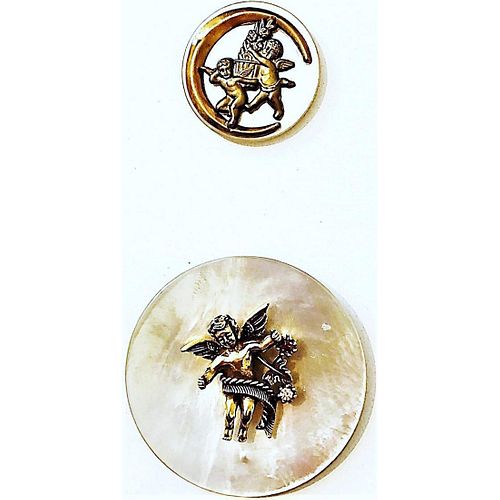 TWO IRRIDESCENT SHELL PEARL ESCUTCHEON BUTTONS