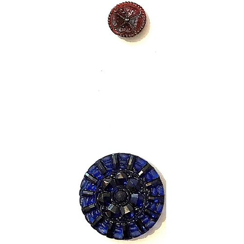 TWO FULL BODY COLORED DIVISION ONE LACY GLASS BUTTONS