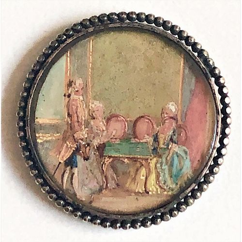 A 19TH C. HAND PAINTED ROOM SCENE UNDER GLASS