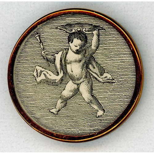 AN 18TH CENTURY STEEL ENGRAVED BUTTON UNDER GLASS