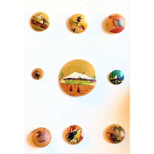 A GROUP OF 9 HAND PAINTED VEGETABLE IVORY BUTTONS