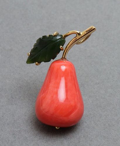 Vintage 18K Yellow Gold Coral & Jade Pear Pendant