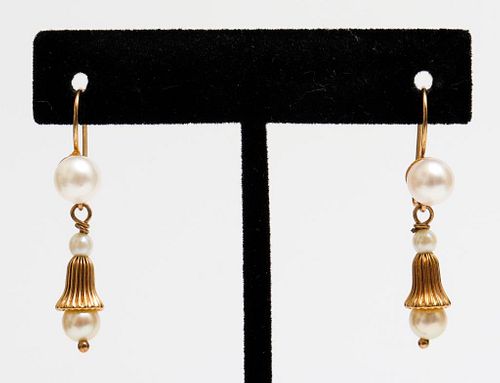 14K Yellow Gold Pearl & Fluted Bead Drop Earrings