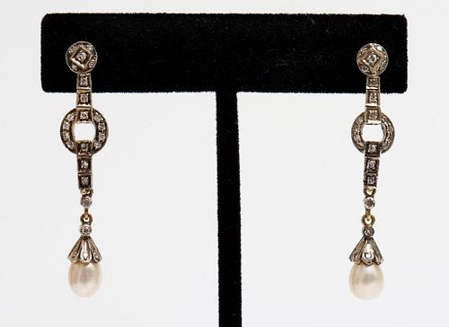 Art Deco 14K & 10K Gold Diamond & Pearl Earrings