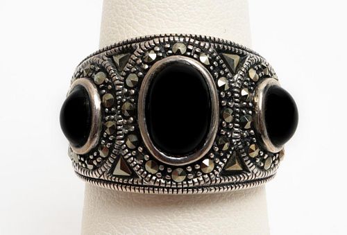 Tribal Silver Onyx & Marcasite Wide Ring