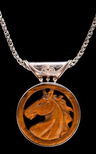 Silver Carved Tiger's Eye Horse-Motif Necklace
