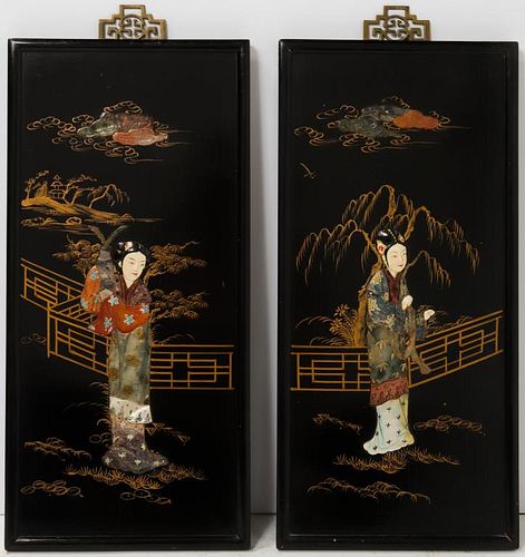 Chinese Lacquered Geisha Panels w Carved Stone, Pr