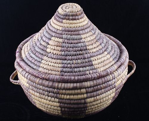 Large Papago Hand Woven Coil Basket w/ Lid