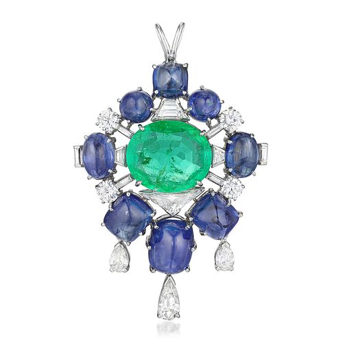 Emerald Sapphire and Diamond Pendant/Brooch