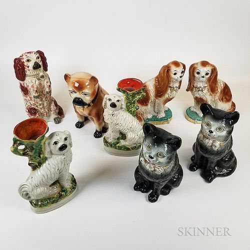 Eight Staffordshire Ceramic Cats and Dogs