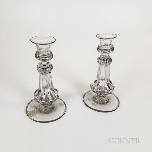 Pair of Colorless Blown Glass Candlesticks