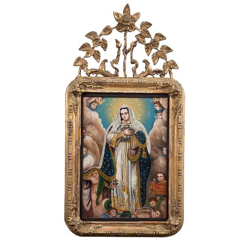 Anónimo. Vírgen María Reina del Cielo Óleo sobre tela. Enmarcada. Con certificado de restauración. 41 x 29 cm