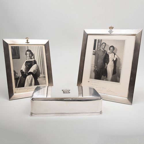 Atelier Borglia Swedish Silver Cigarette Box and Two Belgian Silver Picture Frames