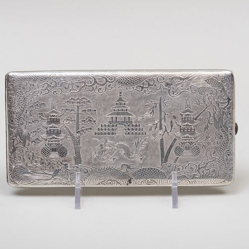 Chinese Export Silver Cigarette Case Engraved with Landscape Scenes