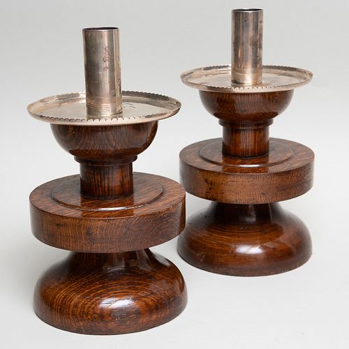 English Silver and Turned Wood Candlesticks