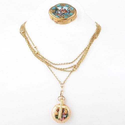 14k Gold and Enamel Pocket Watch on a 14k Gold Long Watch Fab Chain, an Enameled Pill Box and a 14k Gold Cross Pendant