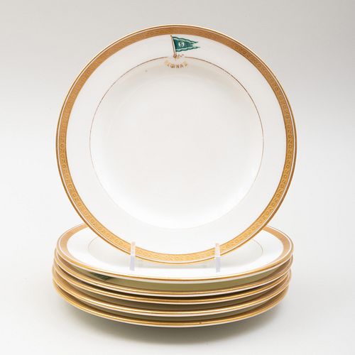 Set of Six Cauldon Green and Gilt Decorated Porcelain Plates From the 'Regina II'