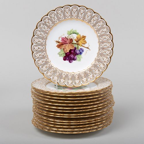 Set of Fifteen Mintons Porcelain Dessert Plates with Reticulated Rims