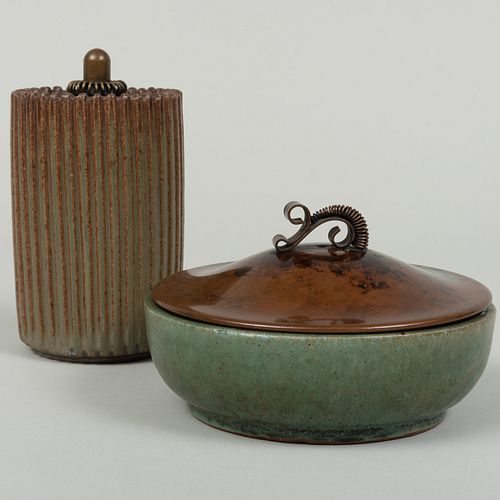 Arne Bang Glazed Earthenware Vessels with Patinated Bronze Covers