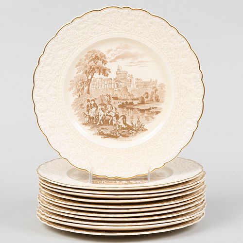 Set of Twelve Royal Cauldon Porcelain Plates Gilt Decorated with Windsor Castle