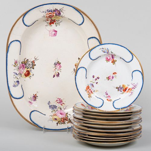 Set of Twelve Derby Gilt and Flower Decorated Plates and a Platter