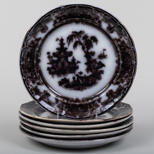 Set of Six English Black Transferware Plates in the 'Corean' Pattern