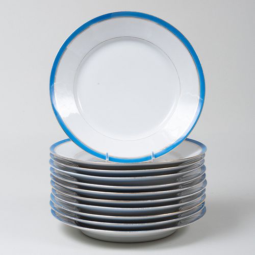 Set of Eleven Blue Ground Porcelain Dinner Plates, Possibly Paris