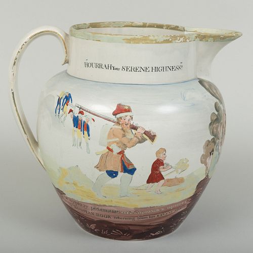 English Transfer Printed and Enriched Pearlware Pitcher Depicting the Burning of Moscow by the French in 1812