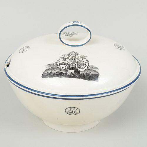 English Transfer Printed Creamware Armorial Tureen and Cover