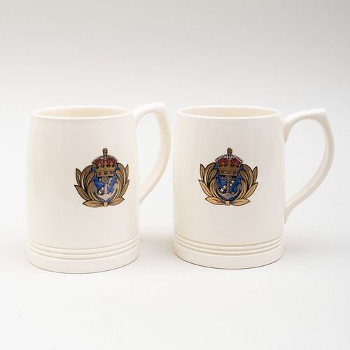 Pair of Keith Murray for Wedgwood Porcelain Tankards with Eblem for the Royal Navy