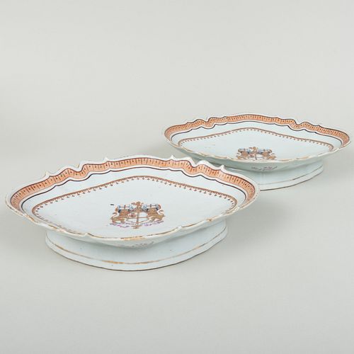 Pair of Chinese Export Porcelain Navette Form Armorial Compotes