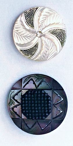 TWO DIVISION ONE CARVED IRRIDESCENT SHELL BUTTONS'