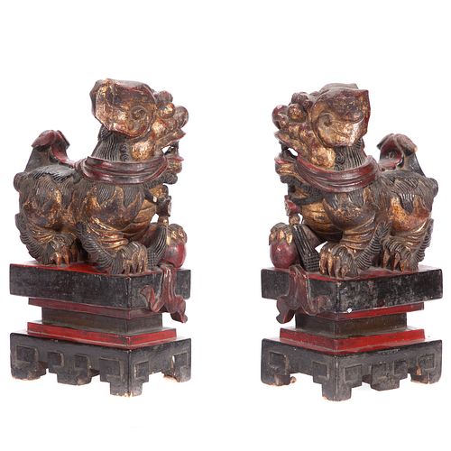 Pair of Gilt and Lacquered Guardian Lions, Late 19th/Early 20th C.