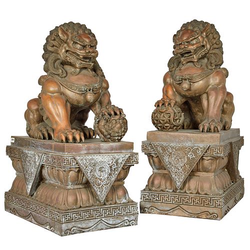 Pair of Massive Bronze Buddhist Lions, Republic period 