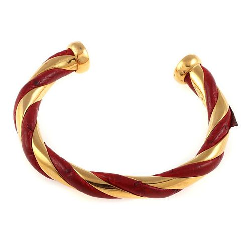 Vintage Hermes gold tone, red leather cuff bracelet