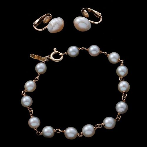 Cultured pearl, gold bracelet and clip earrings