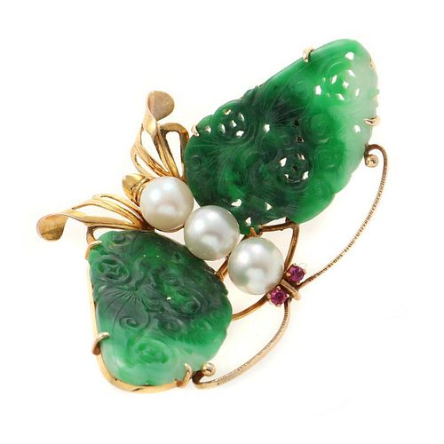 Jade, cultured pearl, red stone, 14k gold butterfly pin
