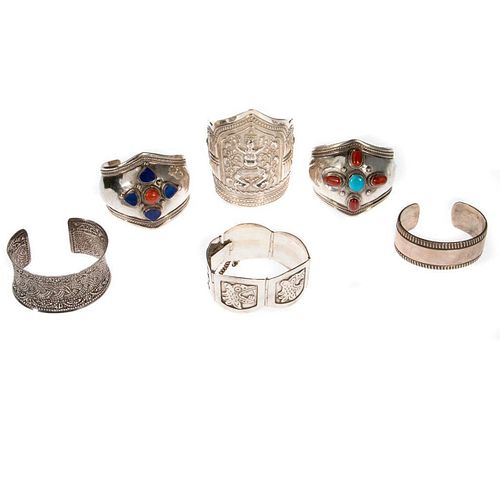 Six stone-set and silver bracelets