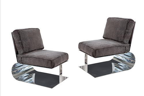 Pair of Custom Polished Aluminum and Shearling Lounge Chairs