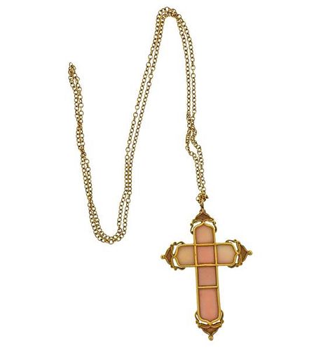 Antique 18K Gold Coral Cross Pendant Necklace